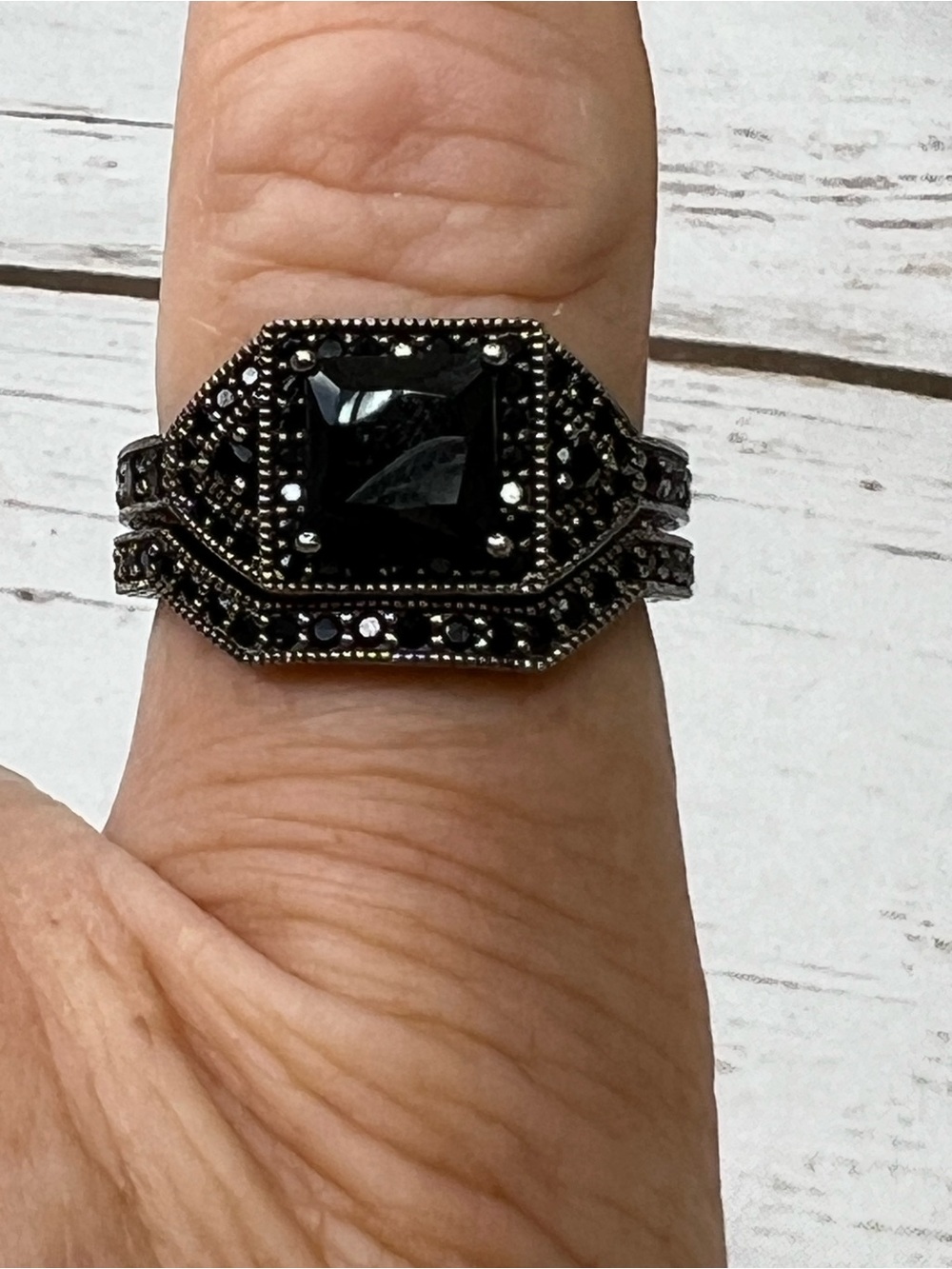 JTV Midnight Black Spinel Sterling Silver Halo 2 Piece Ring
